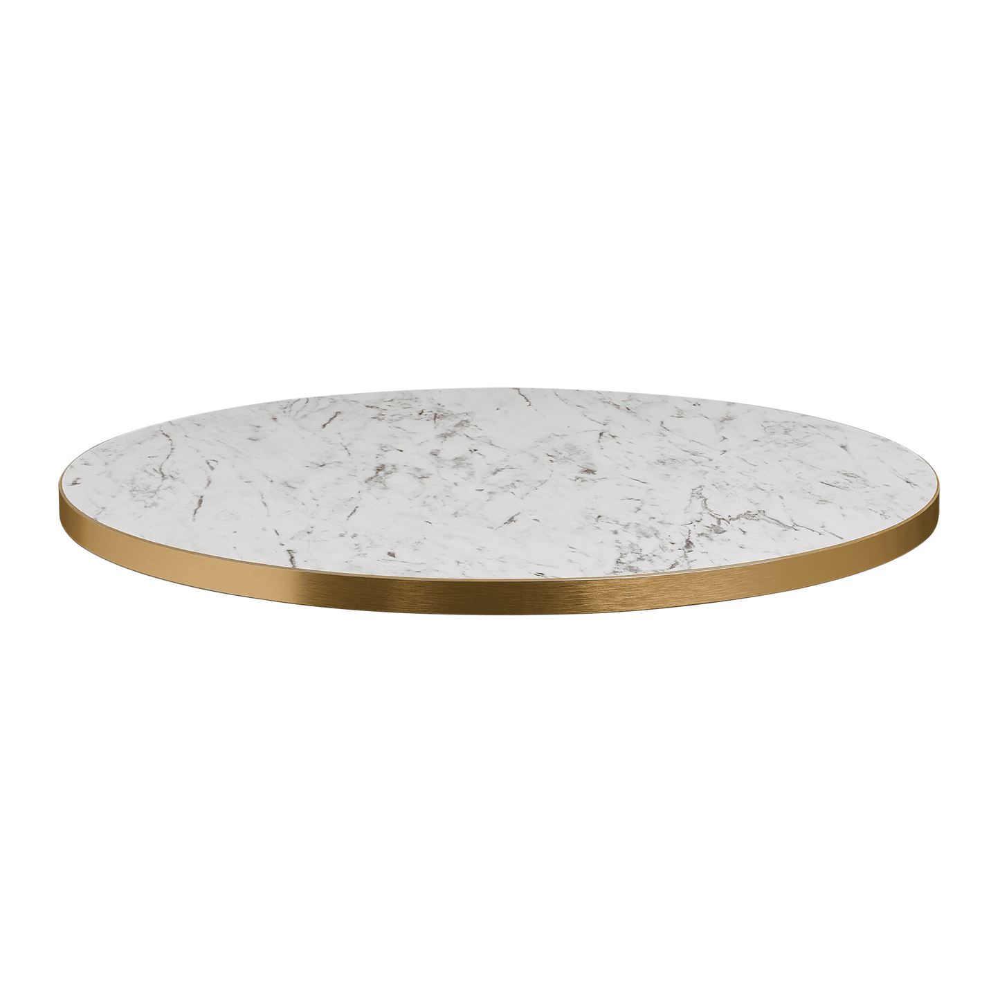 Omega round contract table top in white marble laminate.