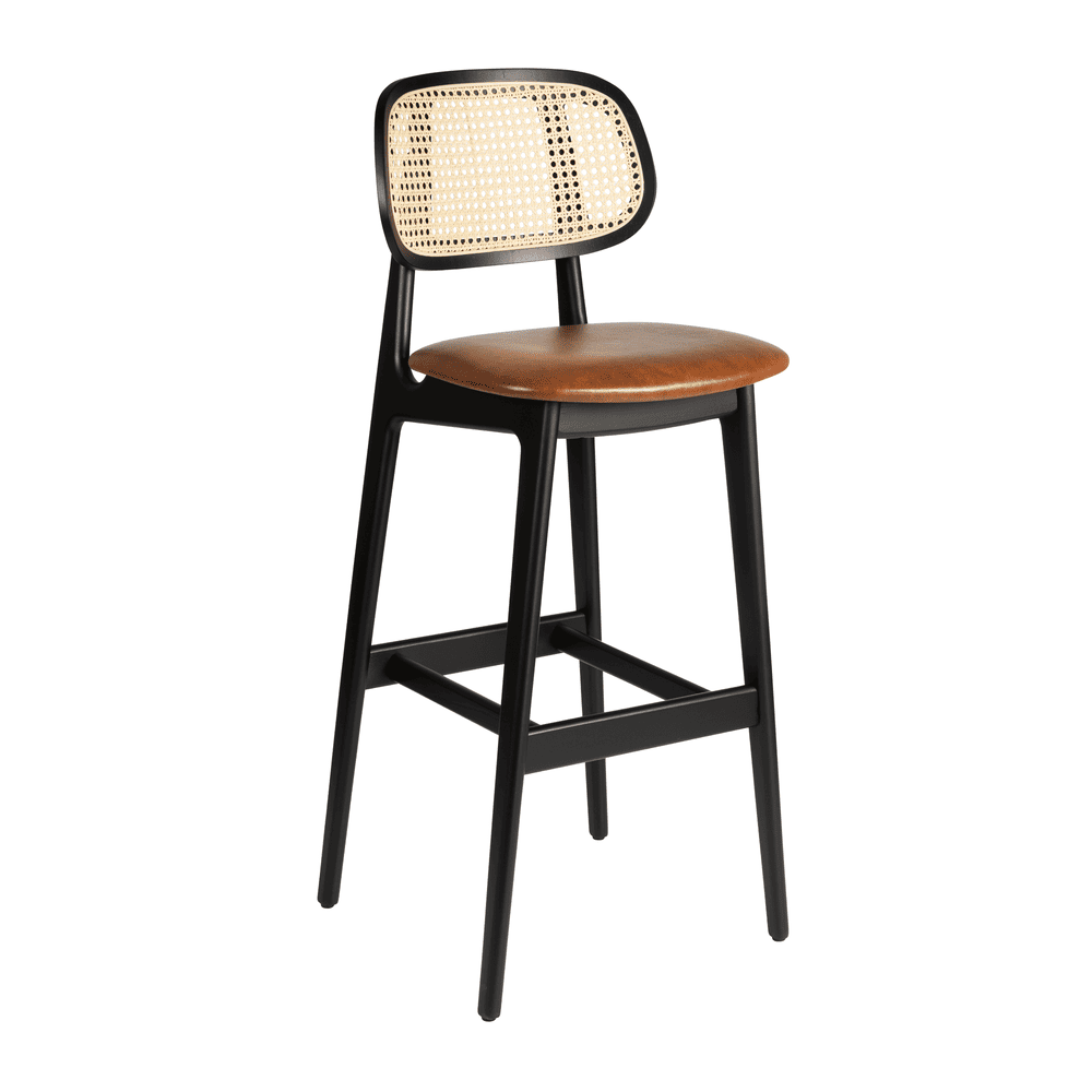 Relish bar stool with black beech frame, rattan backrest, and tan seat.