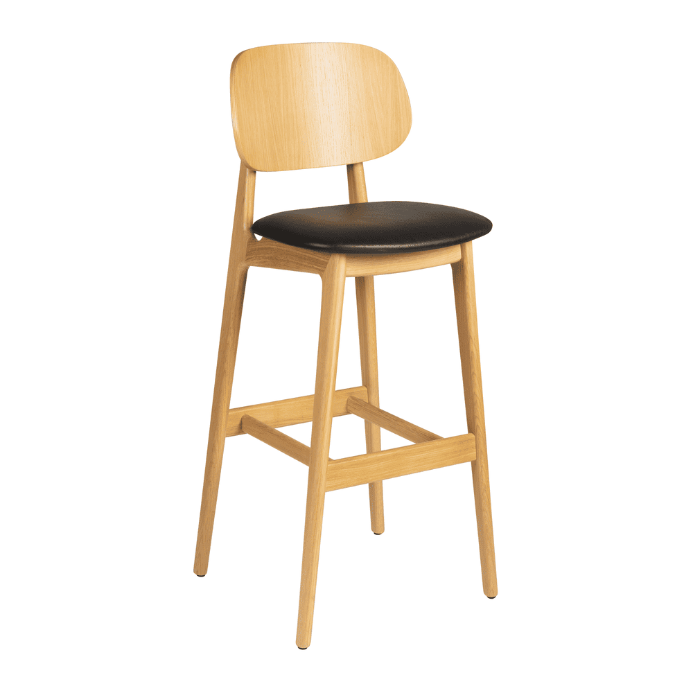 Relish bar stool with oak frame, solid backrest, and black seat.