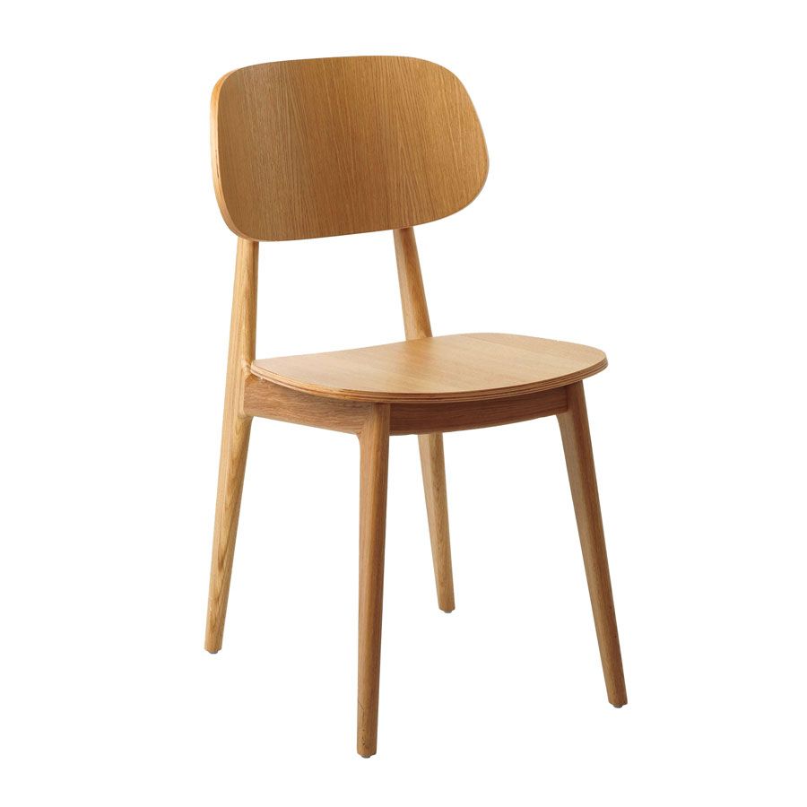 Relish side chair with oak frame, solid backrest and seat.