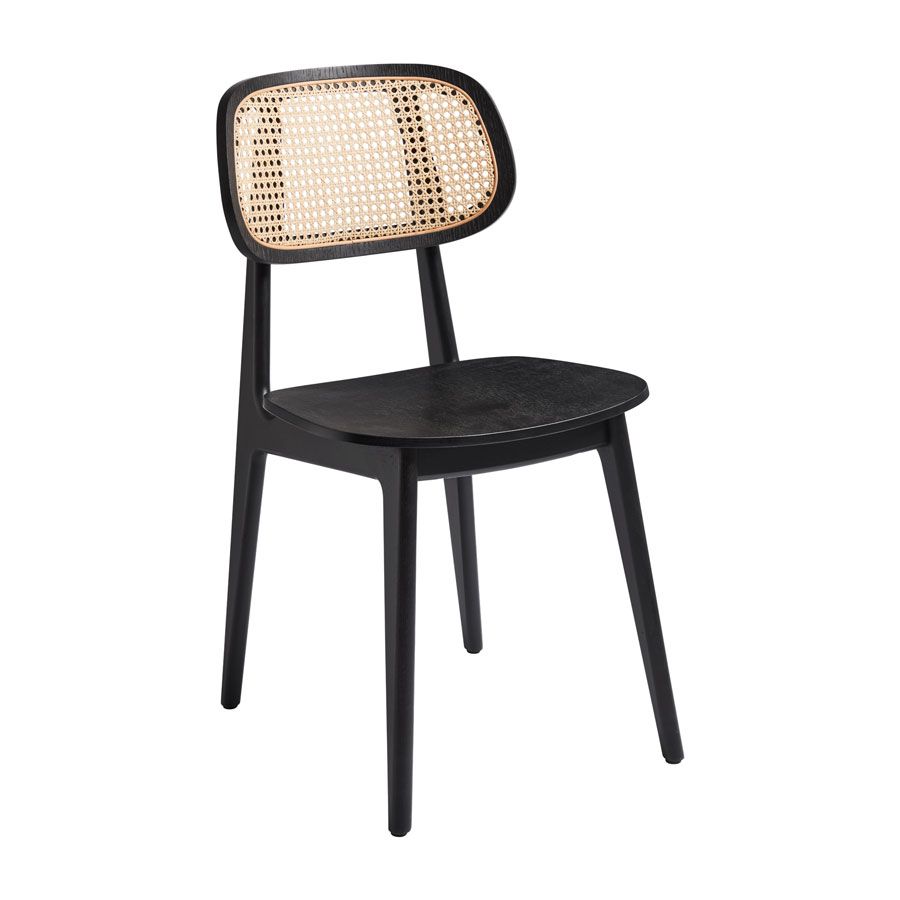 Relish side chair with beech frame, rattan backrest, and beech seat in a satin black colour.
