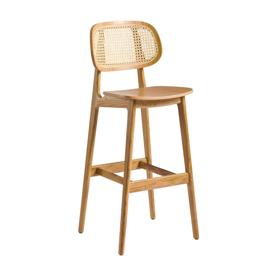 Relish bar stool with oak frame, rattan backrest, and oak seat.