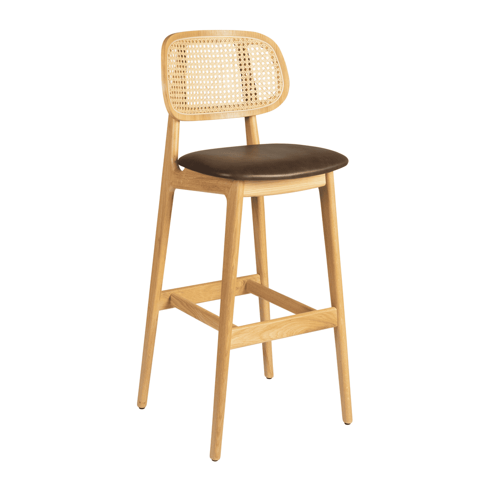 Relish bar stool with oak frame, rattan backrest, and brown seat.
