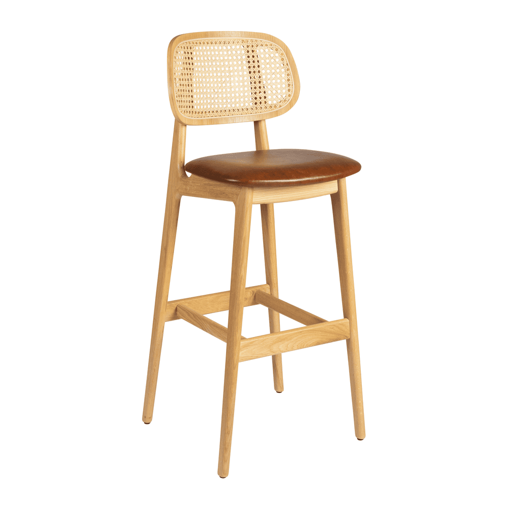 Relish bar stool with oak frame, rattan backrest, and tan seat.
