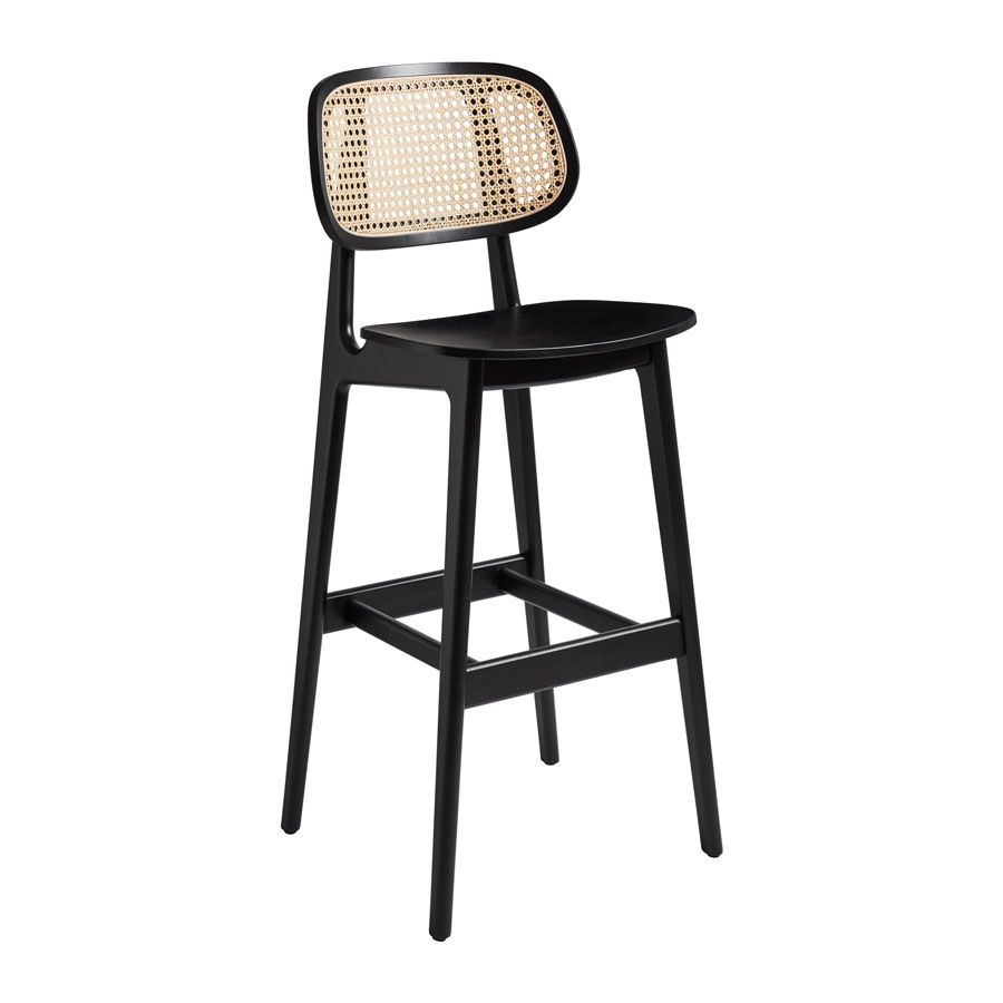 Relish bar stool with beech frame, rattan backrest, and beech seat in a satin black colour.